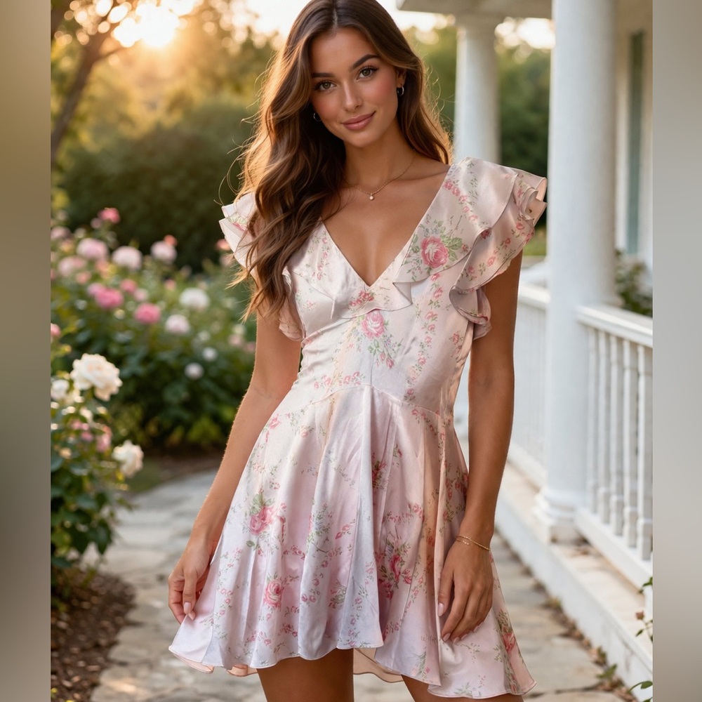 LoveShackFancy “Frankie” Light Pink  Ruffle V-Neck Mini Dress